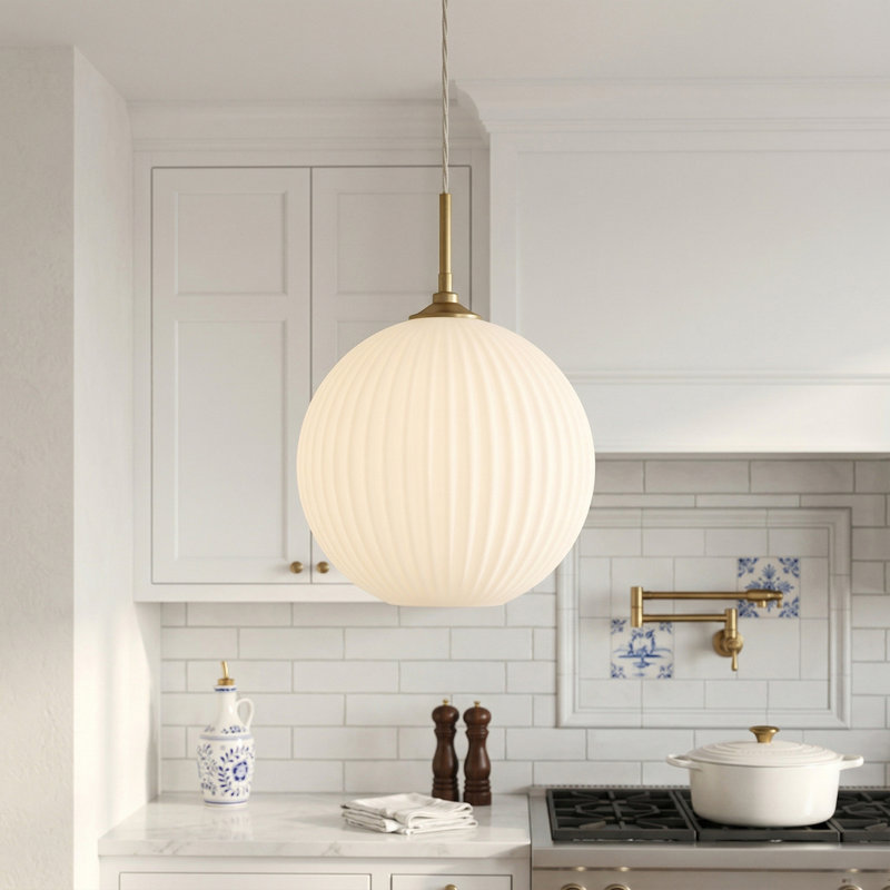 1 - Light Ribbed Frosted Glass Globe Pendant Light, Gold