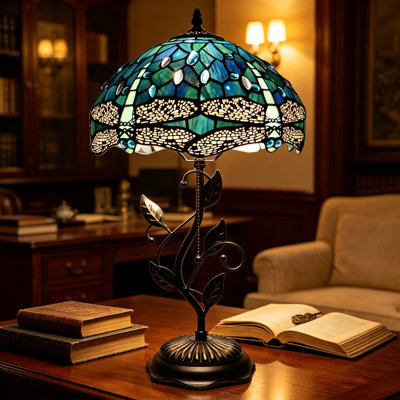 Lampe de table en vitrail de style Tiffany avec base en feuille de métal bronze, abat-jour 12 po, hauteur 19 po, douille E26, conception libellule
