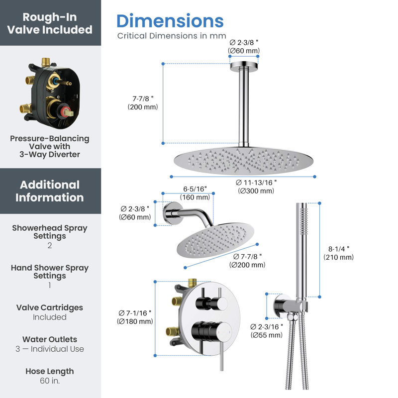 Ensemble complet de robinetterie de douche circulaire à 3 fonctions avec pression équilibrée, comprenant une fixation murale, une fixation au plafond et une douchette.