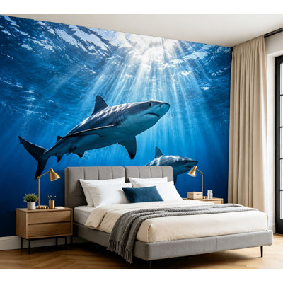 Wall Mural Peel and Stick Wallpaper Great White Sharks Underwater Sun Deep Blue Ocean Self-Adhesive Removable Contact Paper Wall Decor for Living Room Bedroom 100"H x 144"W