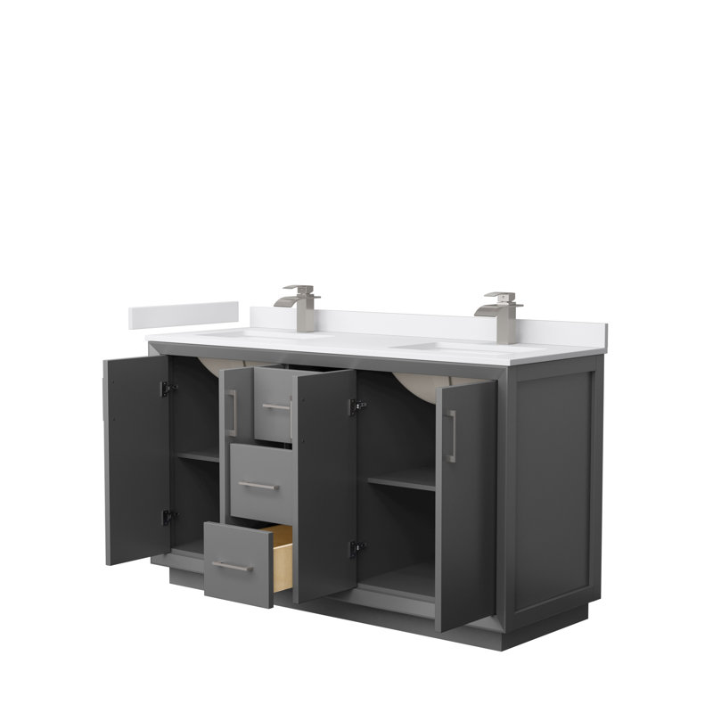60'' Double Bathroom Vanity with Cultured Marble Top, Dark Gray, Brushed Nickel, Carrara Cultured Marble