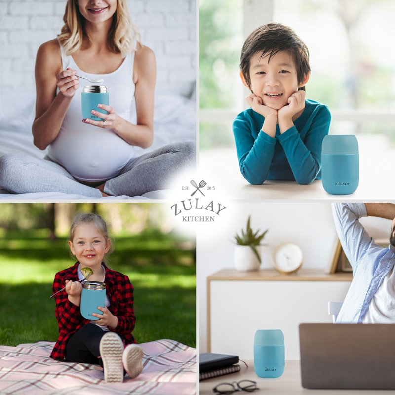 Zulay Kitchen 16oz Insulated Thermos Food Jar with Foldable Spoon - Stainless Steel Food Container, Light Blue
