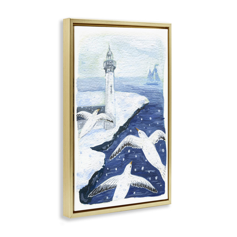Cadre flottant Snowy Winter Harbor Birds, design par Hannah Moren, H 25 po x l 17 po, Cadre flottant métallique doré