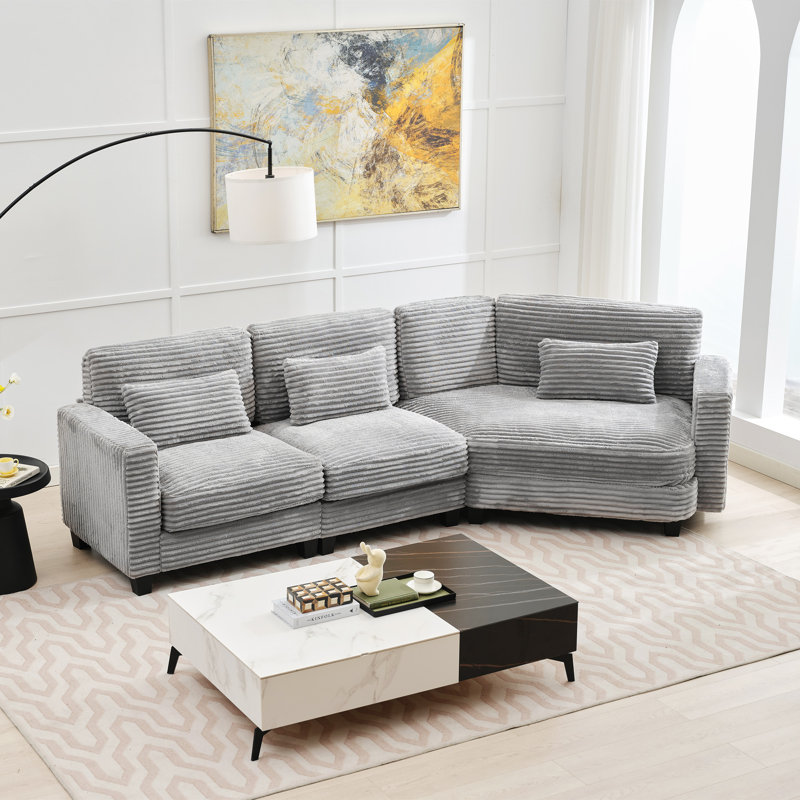 Canapé modulaire courbé en velours côtelé pour 4 personnes Redenius, Velours côtelé gris