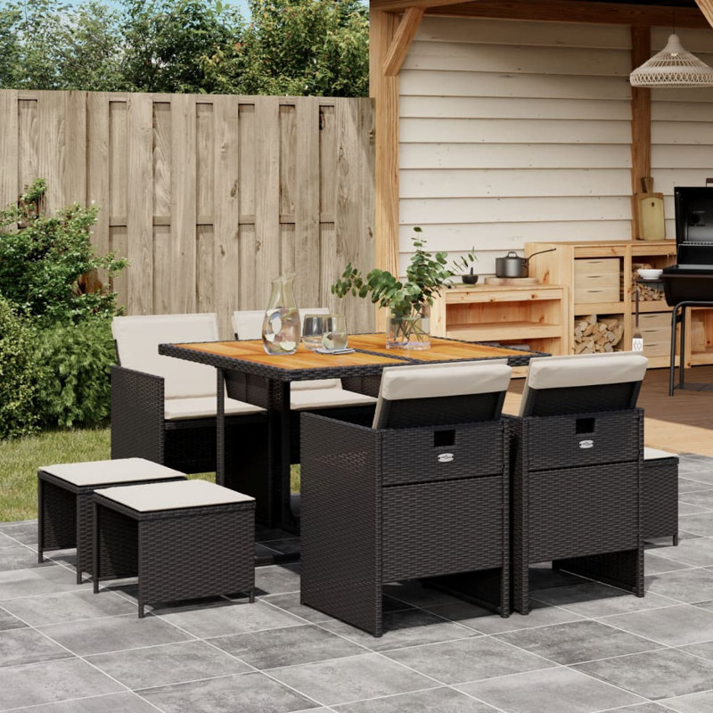 Ensemble repas de patio 9 pièces avec coussins en rotin Latitude Run®, Blanc / noir