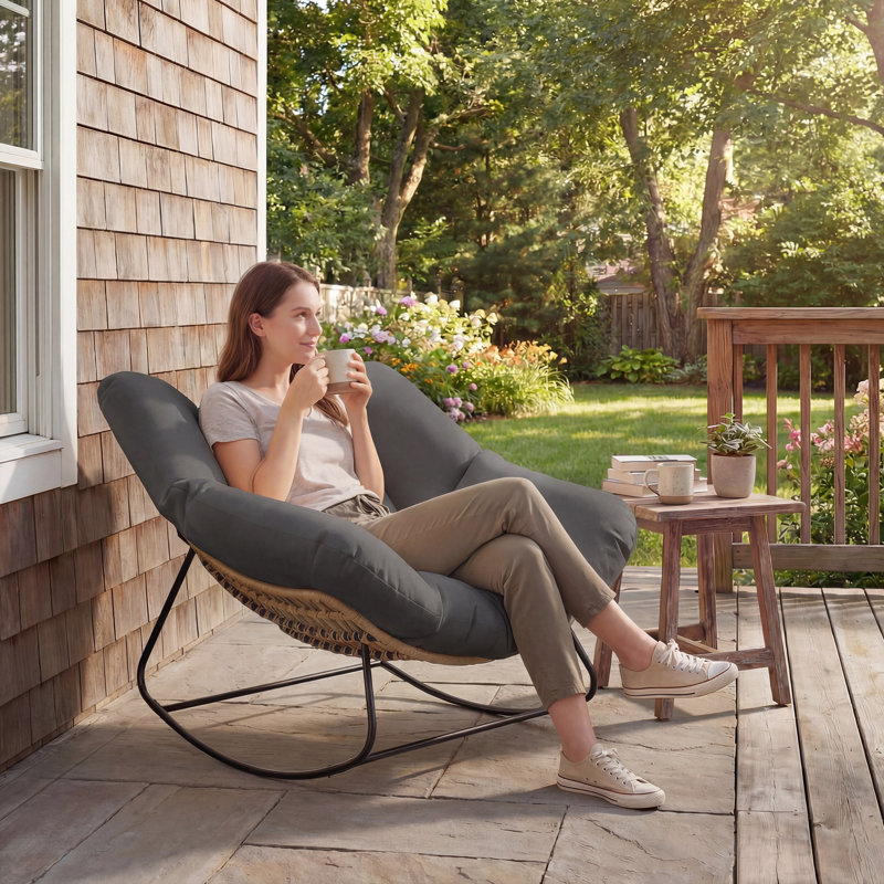 Chaise berçante Papasan, chaise berçante d'extérieur surdimensionnée en osier avec coussin, chaises berçantes rembourrées en rotin PE pour salon, jardin, patio, balcon, gris foncé
