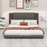 Floor Upholstered Platform Bed With Extended Wood Headboard & Bedside Shelf