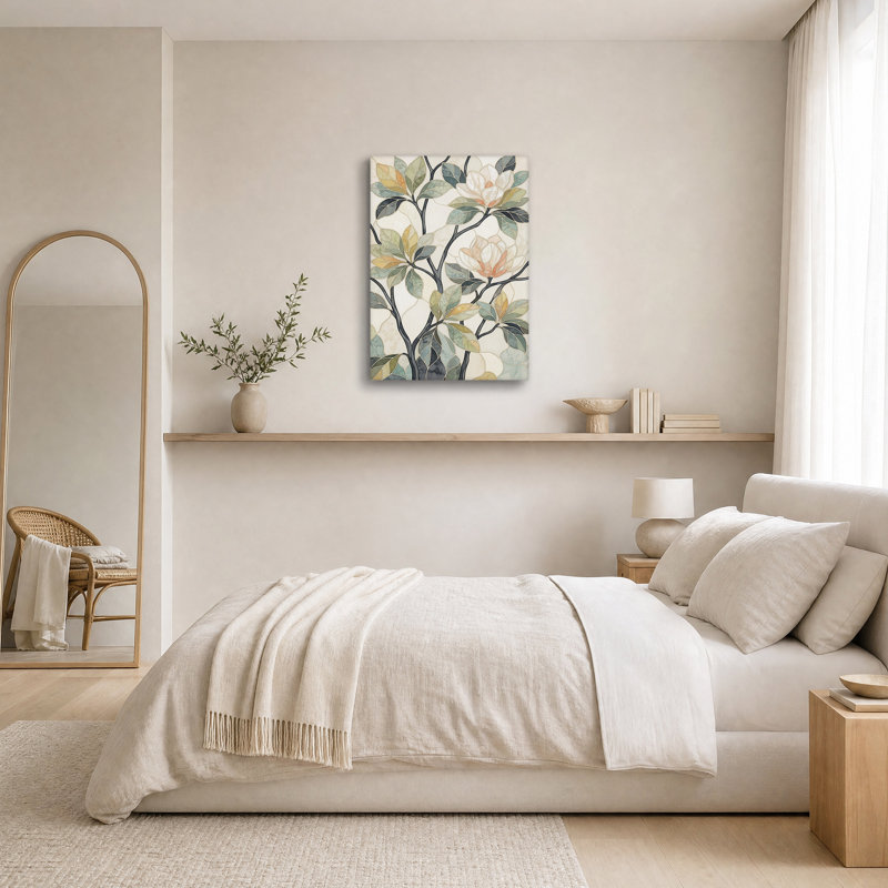 Tableau sur toile représentant des branches de magnolia aux tons verts et orange discrets, 18"H x 12"W