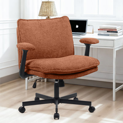 Cross-Legged Teddy  Office Chair With Flip up Armrest &Wide Seat，Ergonomic Fabric Home Office Chair 