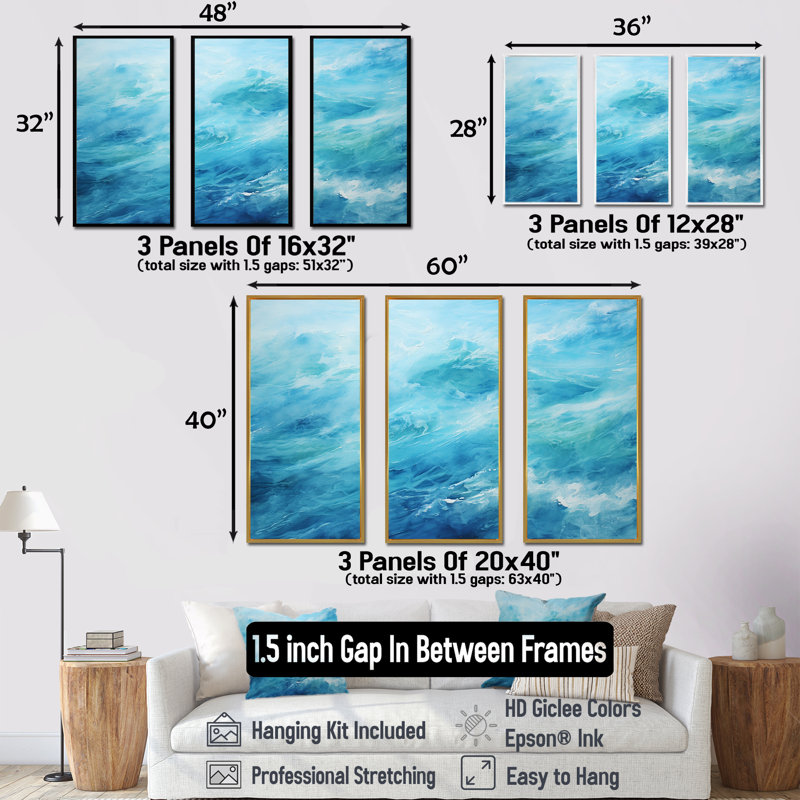 Ensemble de salon art mural bleu azur / lagon bleu azur, Cadre flottant noir, H 32 po x l 48 po x P 1 po