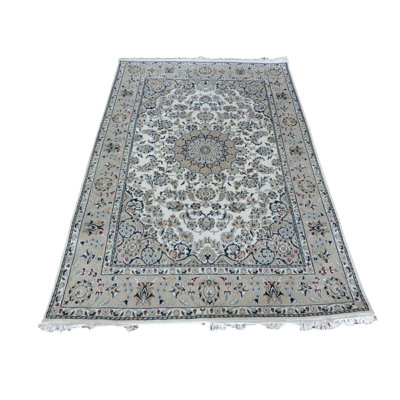 Tapis nain tissé à la main ivoire / gris / rouge avec médaillon en soie et laine
