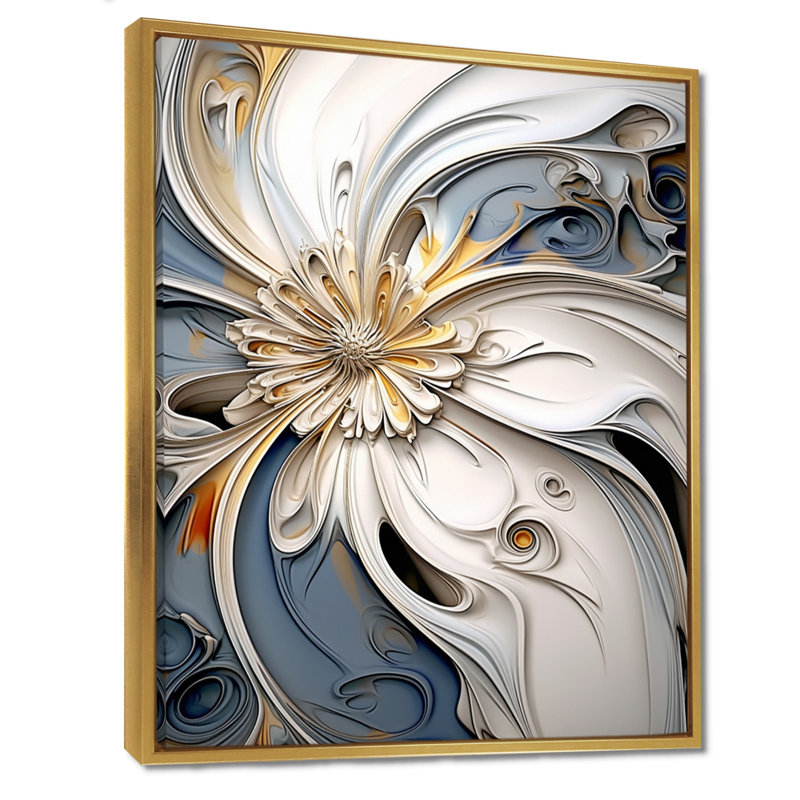 Abstrait fleur flottante blanche - art mural floral moderne, Cadre flottant doré, H 20 po x l 12 po