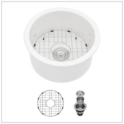 Évier de cuisine circulaire en céramique à simple cuve 18 pouces avec assemblage de drain et grille inférieure