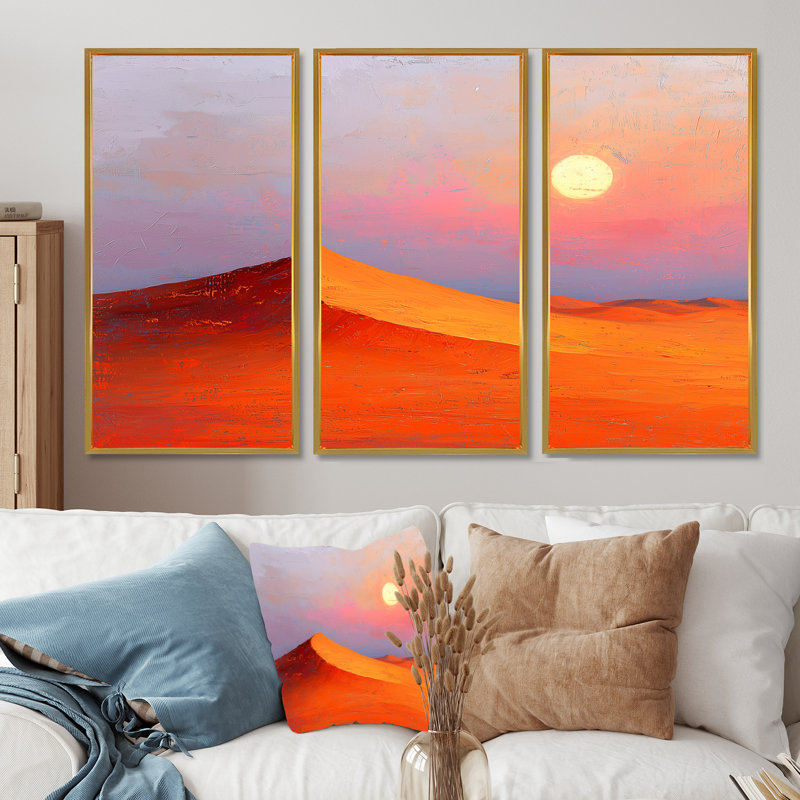 «Orange Sunset In The Sahara - Desserts», ensemble d'art mural, Toile avec cadre flottant or, H 40 po x l 60 po x P 1 po