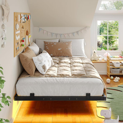 Floating Bed Frame With Led Lights,Metal Platform Bed With Heavy Duty Steel Slats And 4 Mattress Slide Stopper,Metal Floating Bed Frames For Kids,No B