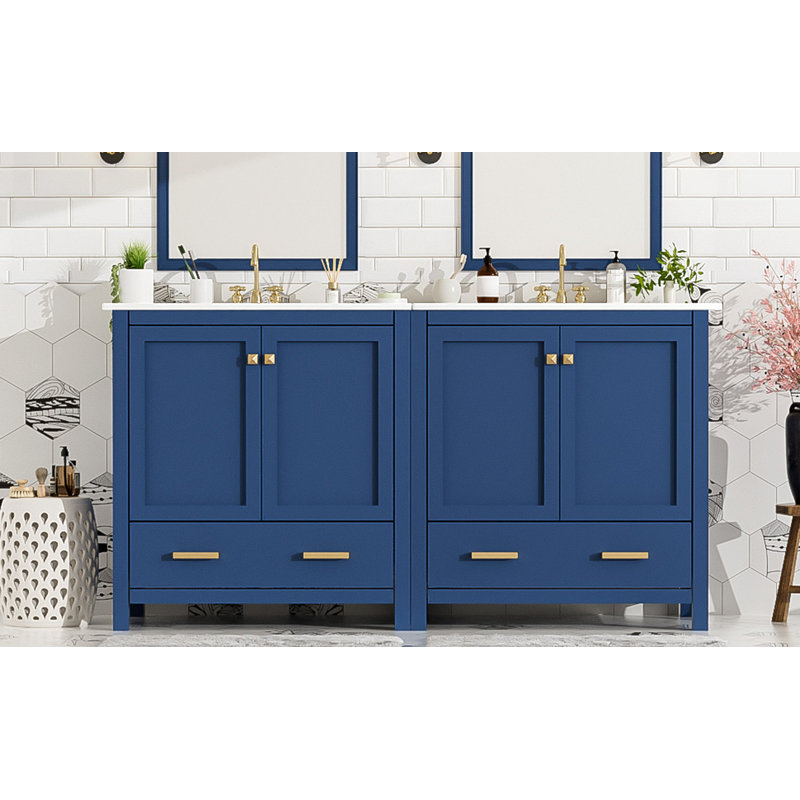 Ensemble de meuble-lavabo 60 po avec lavabos doubles (séparés), lavabos doubles en céramique, tablette de rangement et tiroirs séparés (miroir non inclus)