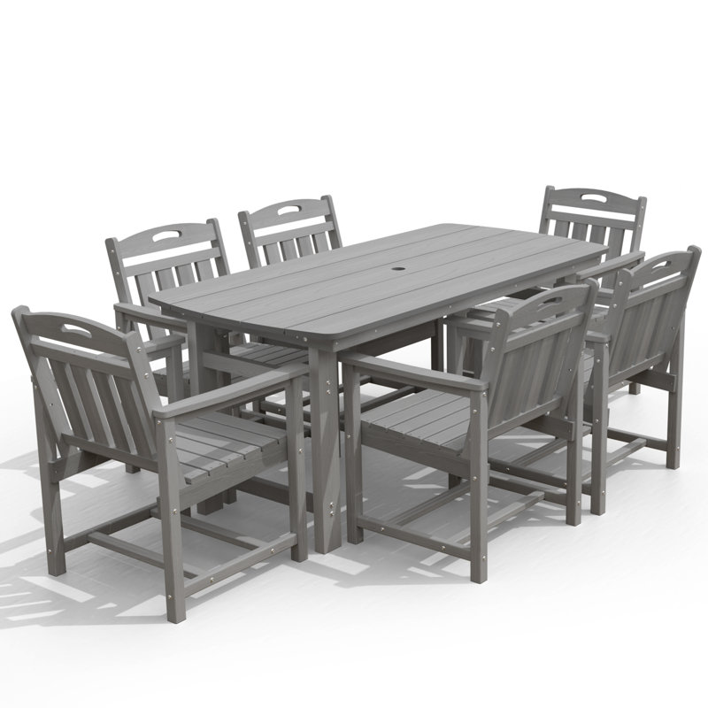 7-Piece 6-Person Rectangular Long Patio Dining Set With Umbrella Hole, Gray