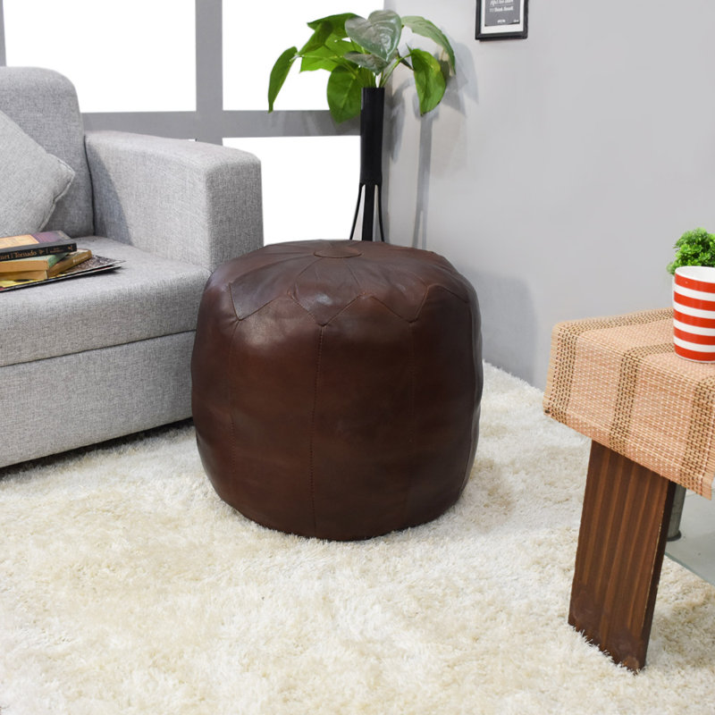 BBH HOMES HANDMADE ECO-FRIENDLY ROUND SHAPED STUFFED BUFFALO LEATHER CANVAS BROWN POUF - 18" x 18" x 18", Round Shape, Brown Color, Plain Solid Design, Genunie Buffalo Leather Canvas, Recycled Cotton Stuffed, Seating Pouf For Living & Study Room, Office