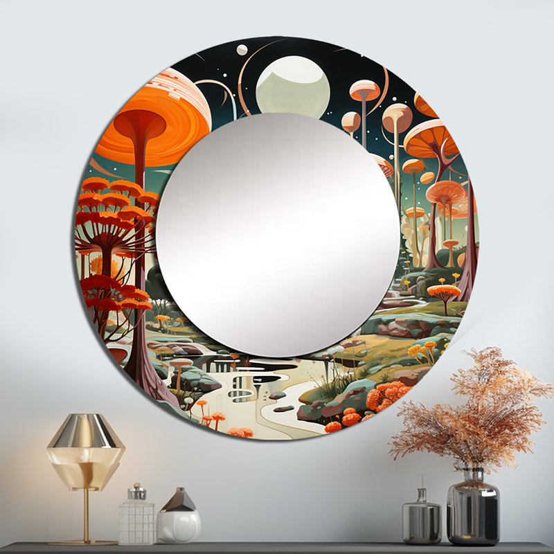 Coloré Mid Mid Century Mid-Century Mushroom Dreams I - miroir Mid-Century moderne, miroir mural rond moderne Mid-Century, impression sur métal