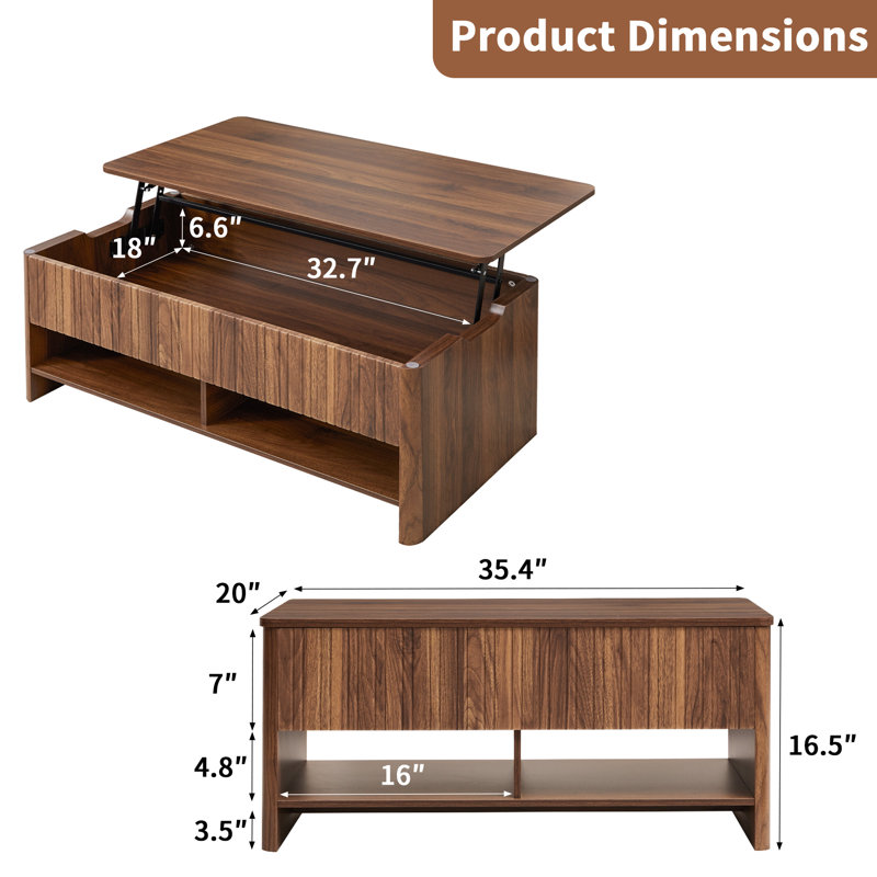 35.4" Lift Top Coffee Table, Brown
