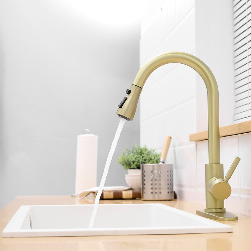 Nickel Gold Kitchen Faucet With Deck Plate And Pull Out , Single-Handled, 360 Rotating Mist Spray, Ceramic Filler, Stainless Steel, Modern Sink & Single Handle, Swiveling Spray Junction, Contemporary