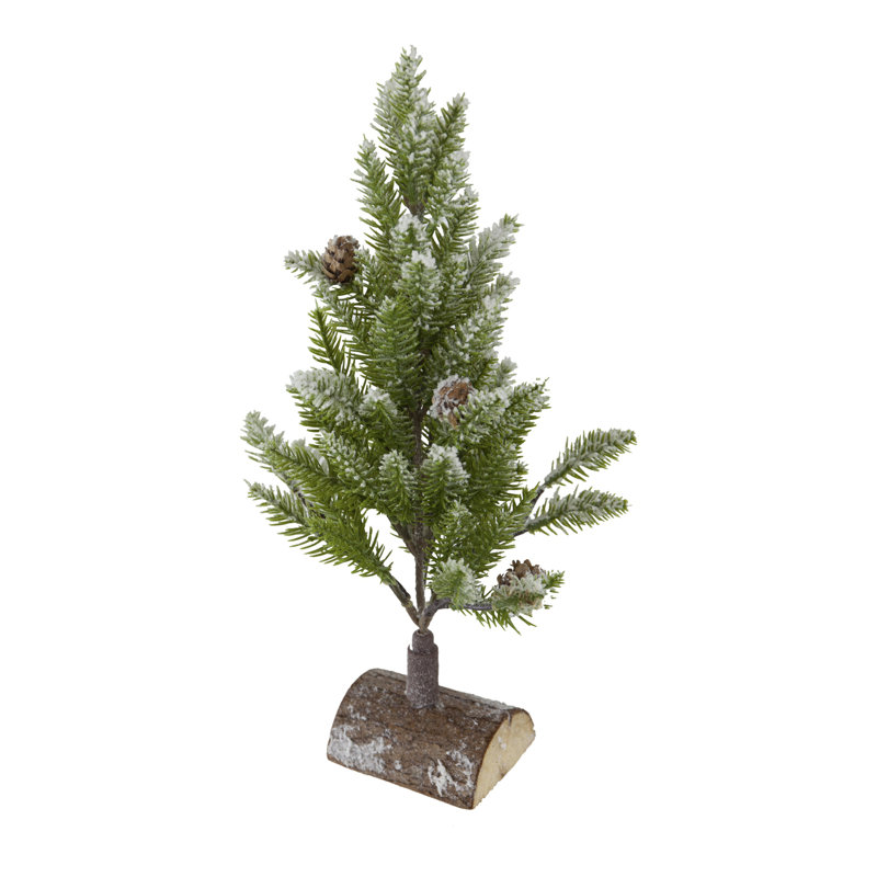 Arbre de Noël en PVC sur base en bois avec neige