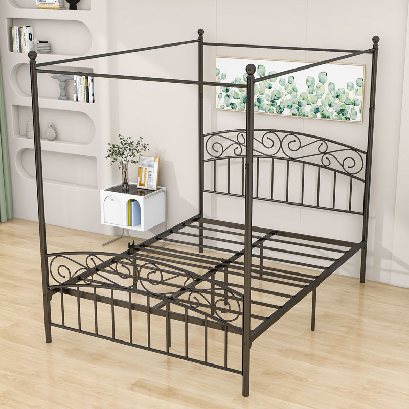 Ebrahima Metal Canopy Bed with Headboard, Queen, Black