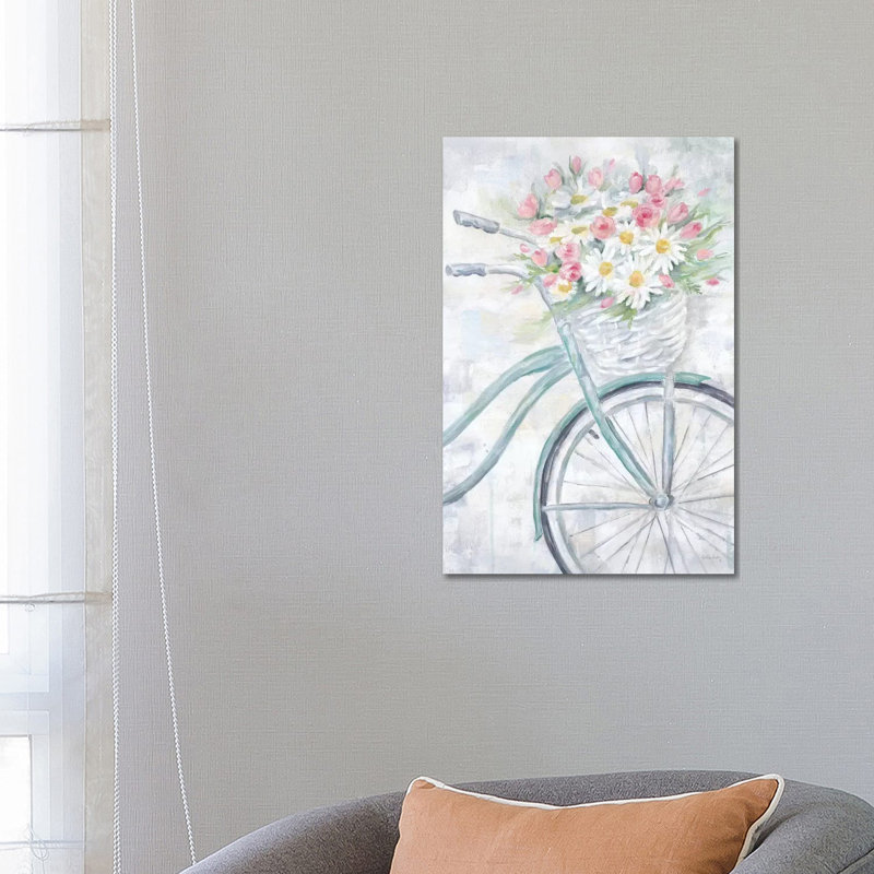 Bike with Flower Basket 1 Piece Painting on Canvas, 66.04 cm H x 45.72 cm W x 1.91 cm D, No Frame
