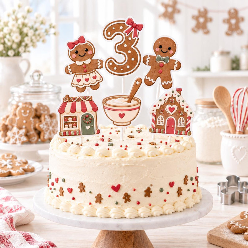 Custom Age Gingerbread Bakery Cake Topper Set, Christmas Birthday Cardstock Picks (Age: 6), 6