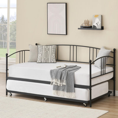 Twin Daybed With Trundle, Metal Twin Size Daybed With Pullout Trundle 6 Casters, Steel Slat Support Sofa Bed For Living Room, Bedroom, Guest Room, No by Winston Porter