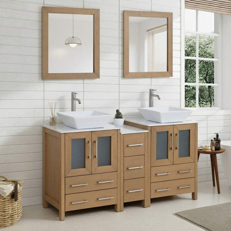 Ensemble de meuble-lavabo autoportant à double cuve 60 "avec plateau en marbre et miroirs assortis Ravenna, Chêne naturel