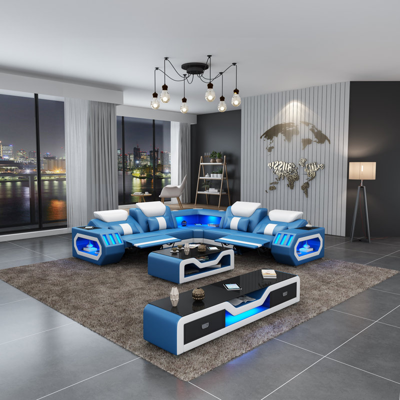 Spaceship Sectional, Blue/White Genuine Leather