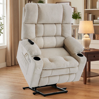 Dual Motor Power Lift Chair Recliner for Elderly with Massage and Heat, Infinite Position Electric Lift Recliner with Adjustable Headrest, USB (T6015 - Plush Fabric, Cream White, Oversized)