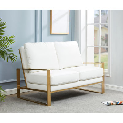 Gratiano 53" Modern Faux Leather Loveseat with Polished Gold Metal Base – Square Arm Tuxedo Couch – Luxury Mid-Century Seating for Living Room or Office