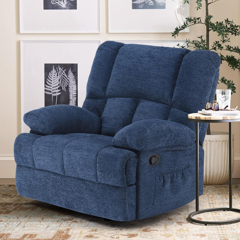 Rocking Recliner Chair with 3-Position Adjustable Backrest Tool-Free Assembly 330lbs Capacity Beige, Blue Chenille