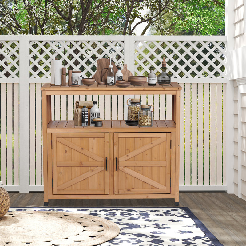 Wooden Patio Bar Table With Storage, Kitchen Island And Buffet Sideboard For Indoor & Outdoor, Brown