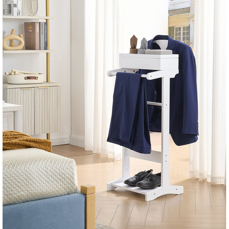 Valet autoportant avec plateau et bar à pantalons, range-vêtements en bois avec étagère à chaussures pour chambre ou bureau