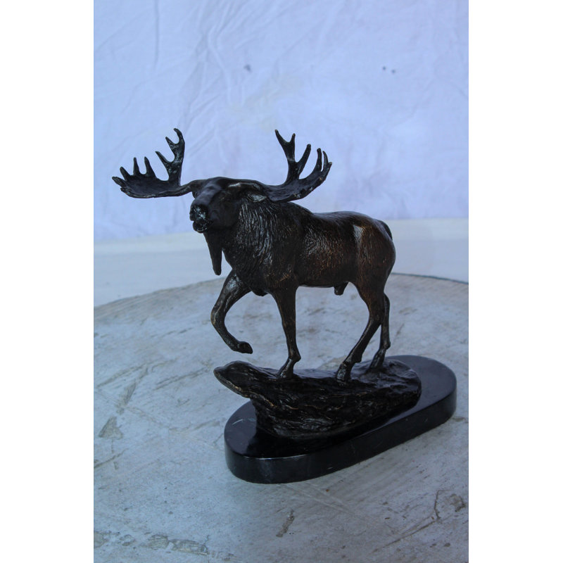 Statue d'orignal en bronze sur une base en marbre avec des bois surélevés 10 po x 6 po x H 9 po