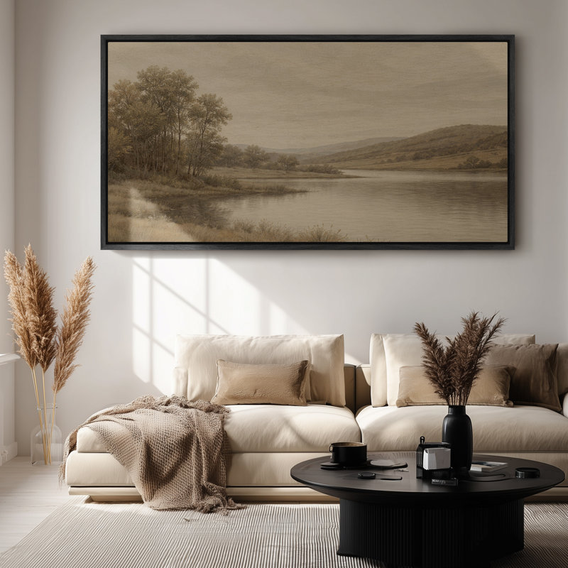 Framed Canvas Wall Art - Tranquil River Landscape with Trees and Rolling Hills in Warm Neutrals - 16"x24", 24"x36", Black