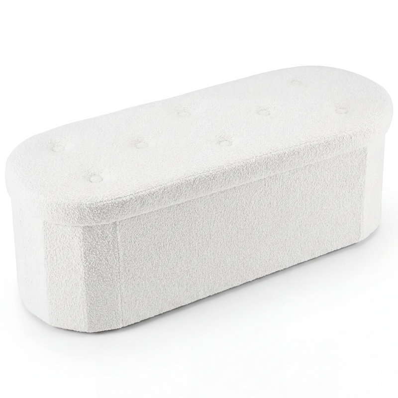 Oval Storage Ottoman with Teddy Velvet Upholstery, Foldable Storage Bench for Bedroom and Entryway,43", White