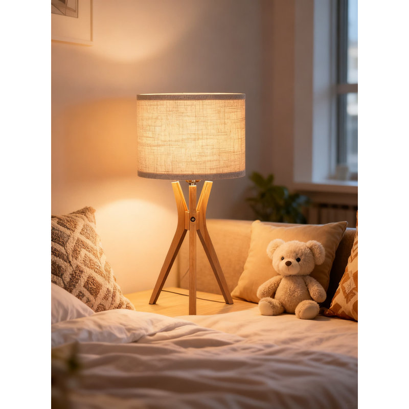 Lampe de table à trépied, lampe de chevet moderne de 17,5 pouces avec pieds en bois et abat-jour en lin beige, lampe de chevet Boho pour chambre à coucher, salon, bureau, base E26
