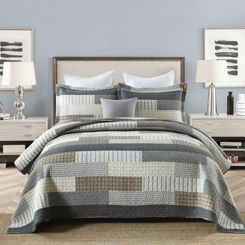 DDUOXIN 100% Cotton 98×106 inch Quilt Sets - 1 Quilt with 2 Pillow Shams, King Quilt + 2 Pillow Shams, Gray/Brown/Cream