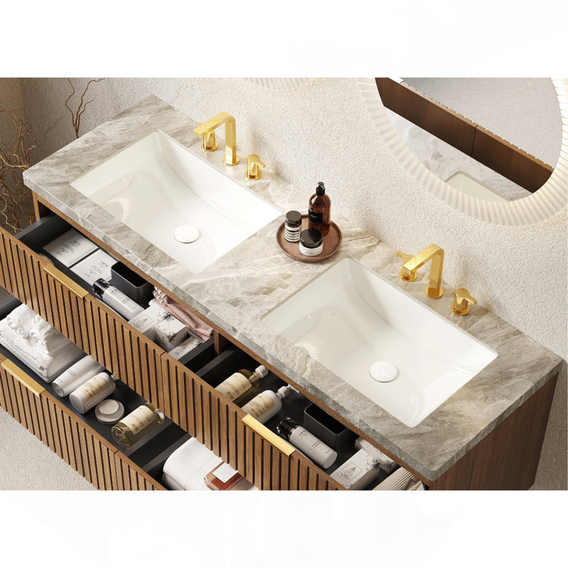 Lavabos sous-comptoir en céramique 60 po gris clair avec comptoir en pierre frittée à motif de pierre, sans armoire, sans robinet et couvercle de lavabo