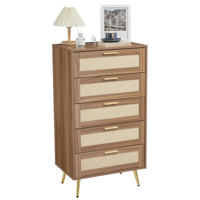 Commode 5 tiroirs, commode en bois de rotin avec poignées en métal, pieds évasés, noyer noir