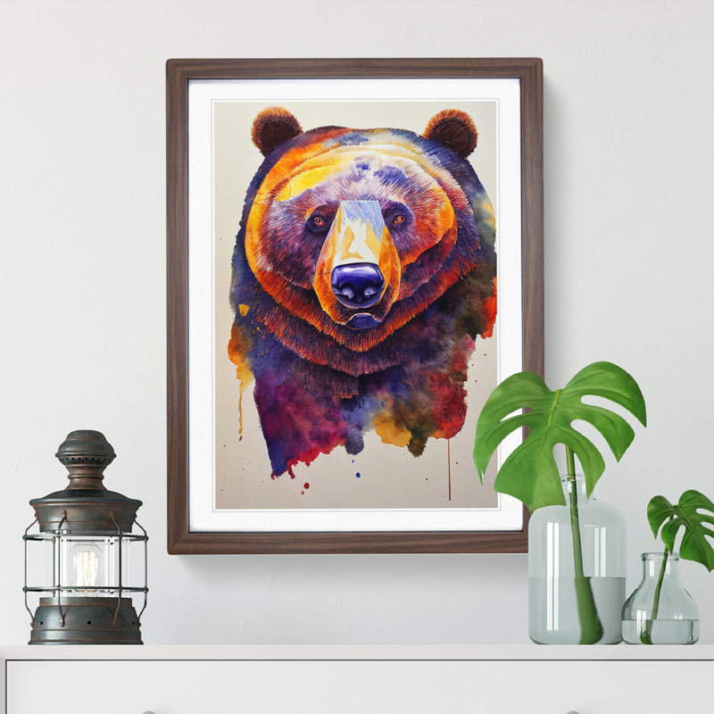 Bear Watercolour No.2 - Single Picture Frame Painting, 64cm H x 46cm W x 2cm D, Walnut Framed