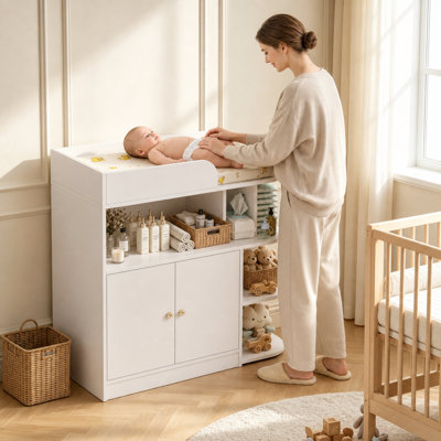 Baby Changing Table Dresser, with Large Cabinet and 4 Open Shelves, Multi-Functional Diaper Changing Station