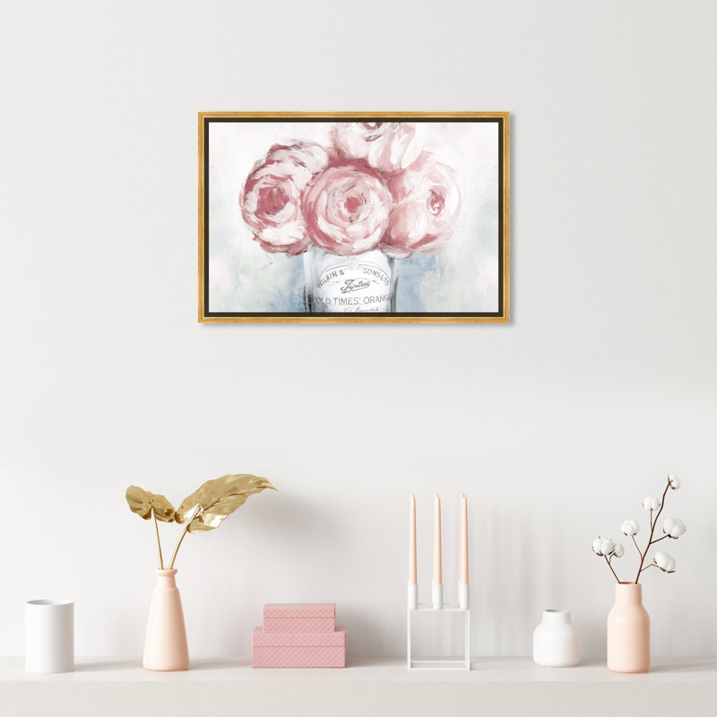 Confiture de pivoines florales et botaniques - Cabin / Lodge - Peinture sur toile, H 16 po x l 24 po, Toile encadrée d'or