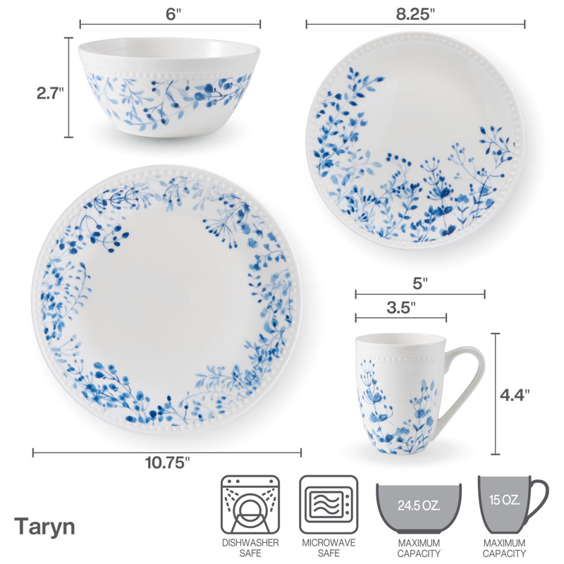 Taryn 16-Piece Lightweight Chip-Resistant Bone China Dinnerware Set, Service for 4