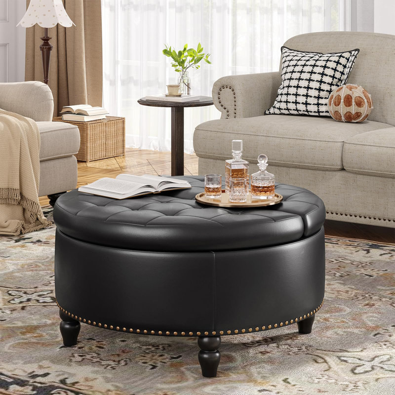 Repose-pieds rond avec rangement et plateau relevable, Noir