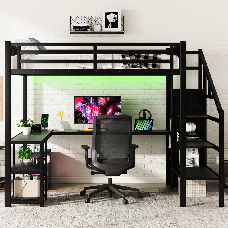 Lit mezzanine double en métal avec rangement et fonctionnalité - bureau noir et rangement à DEL pour une chambre charmante